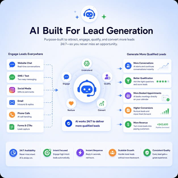 AI lead generation workflow graphic for capturing and qualifying prospects.