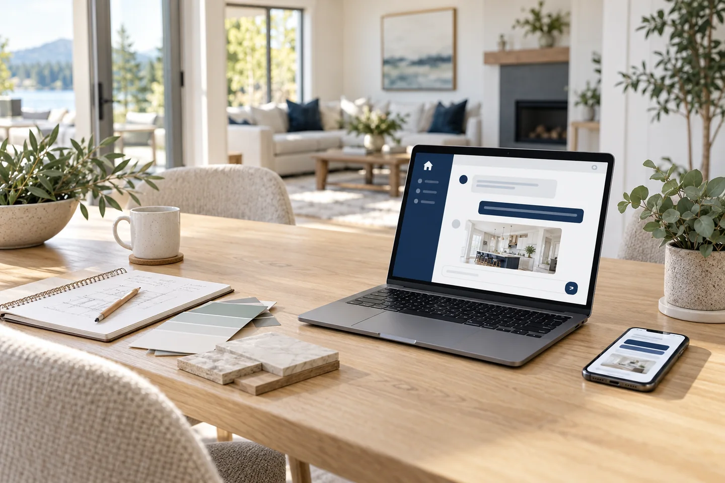 A laptop and project planning materials in a bright home