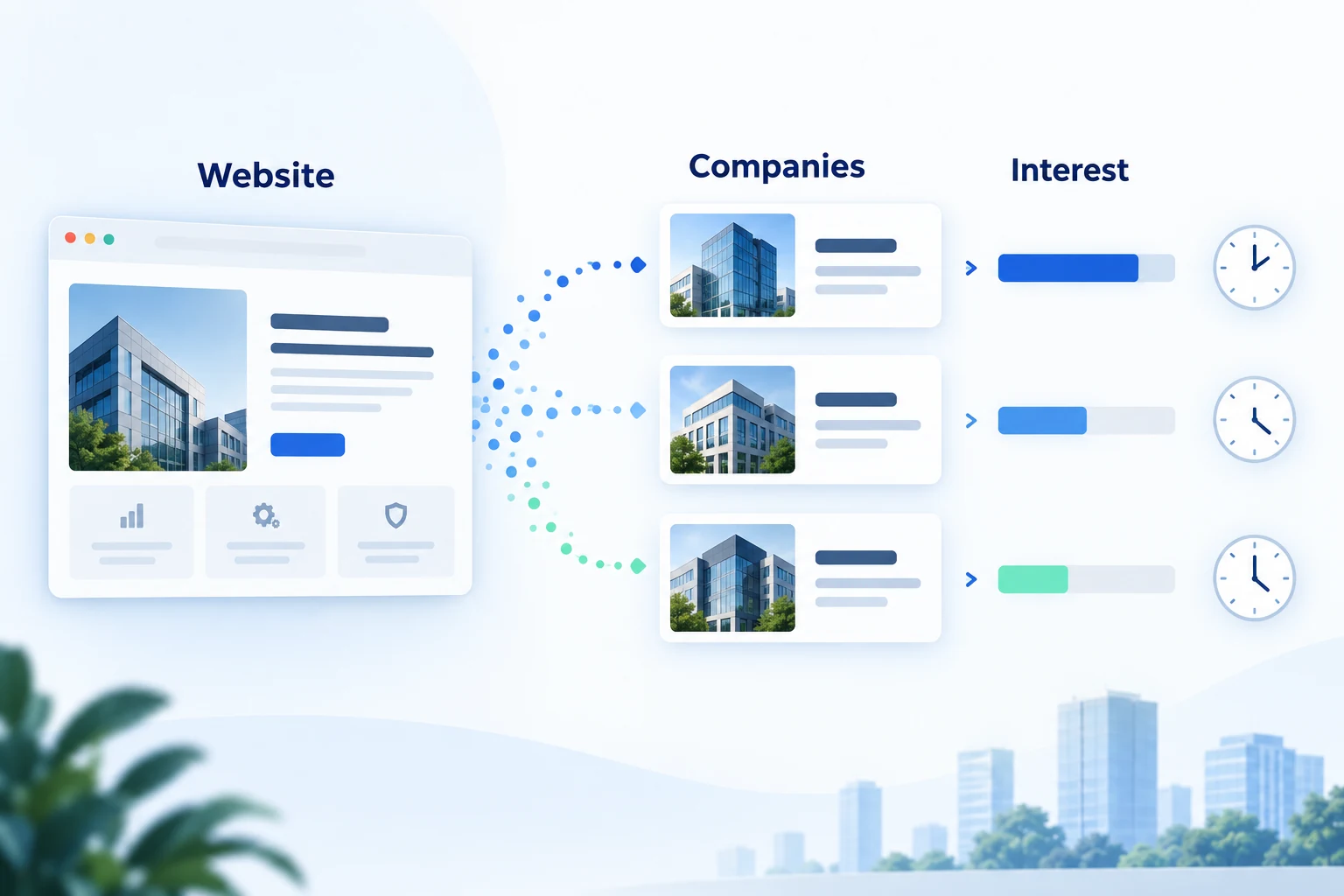 Illustration of anonymous website activity connecting to company cards, interest signals and repeat visits.