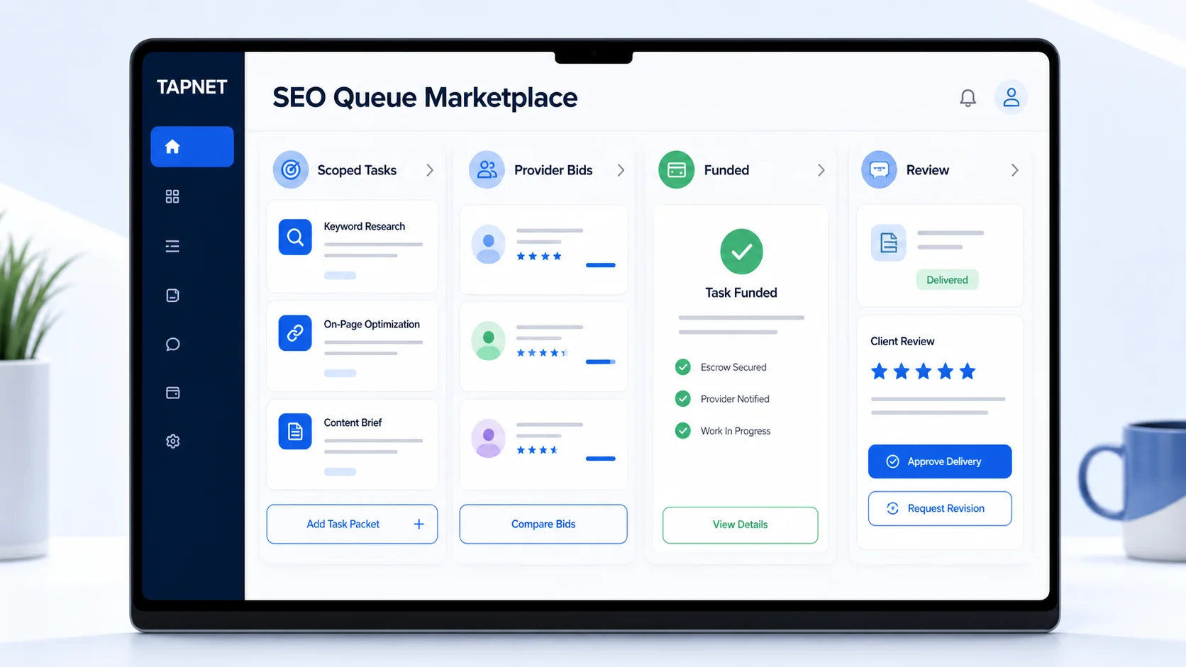 SEO Queue Marketplace dashboard showing scoped tasks, provider bids, funded work, and client review panels.